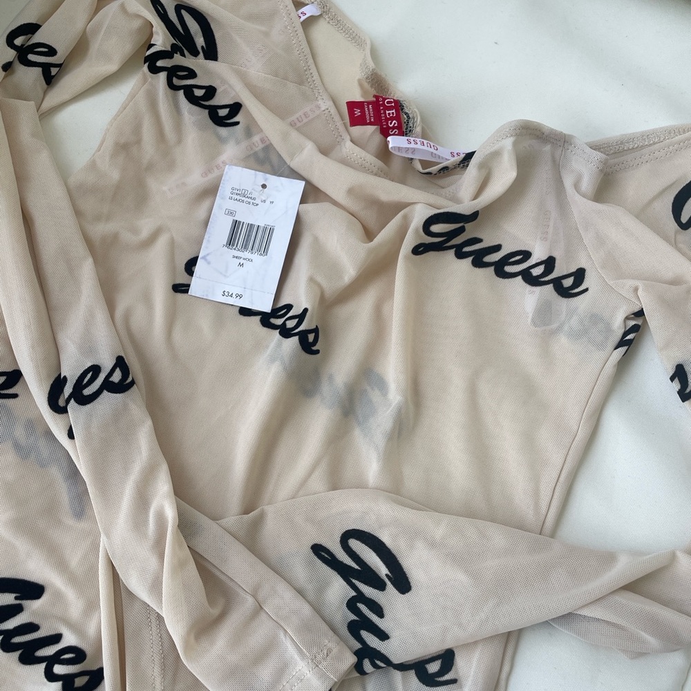 Guess Beige Mesh Top with Black Script